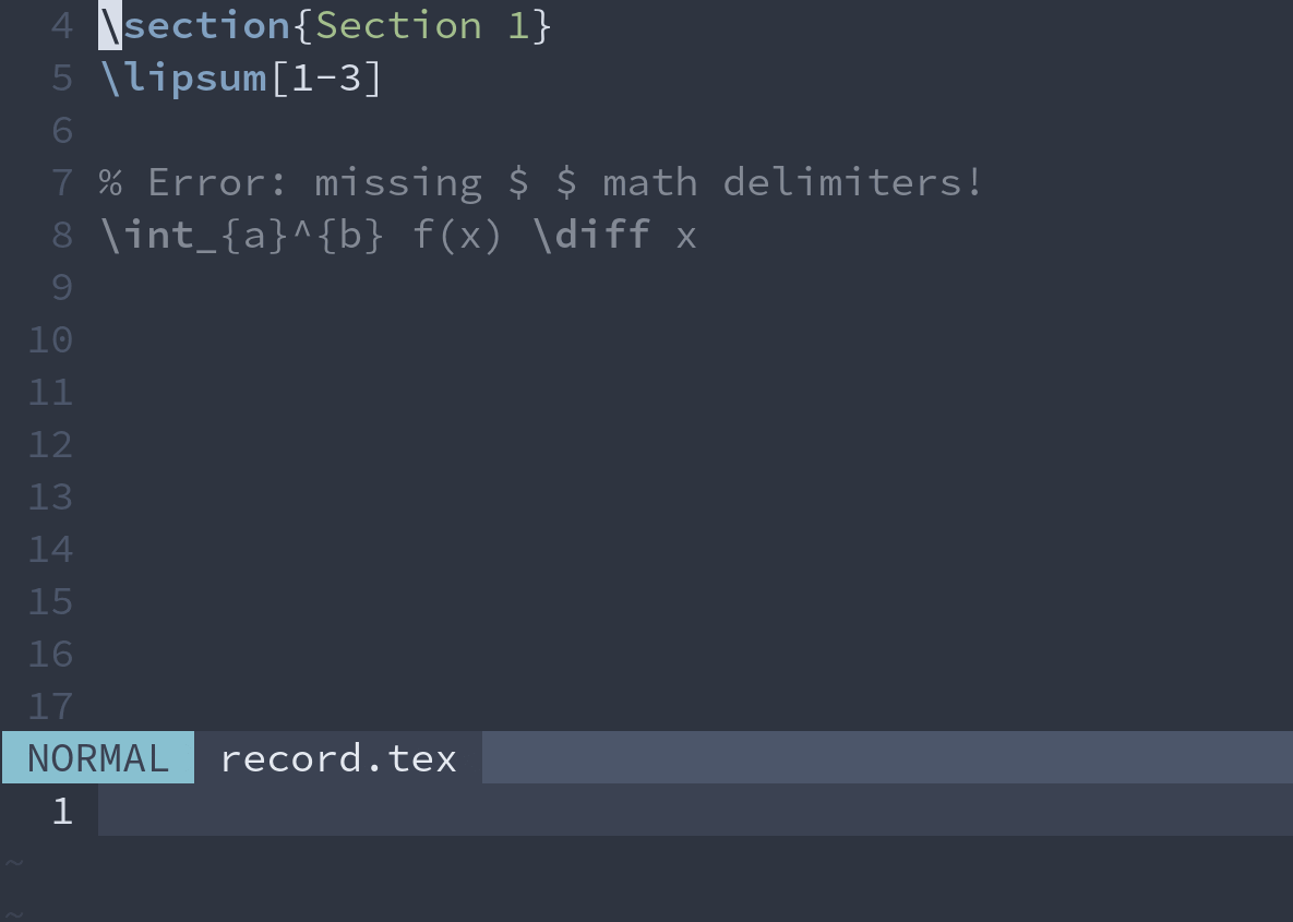 GIF demonstrating the QuickFix menu showing LaTeX errors after failed compilation.