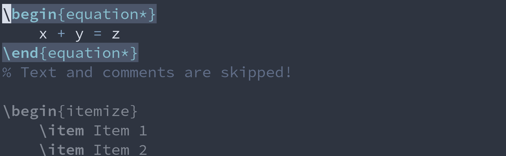GIF: demonstrating navigation between LaTeX environments.