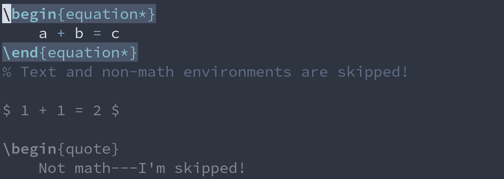 GIF: demonstrating navigation between math environments.